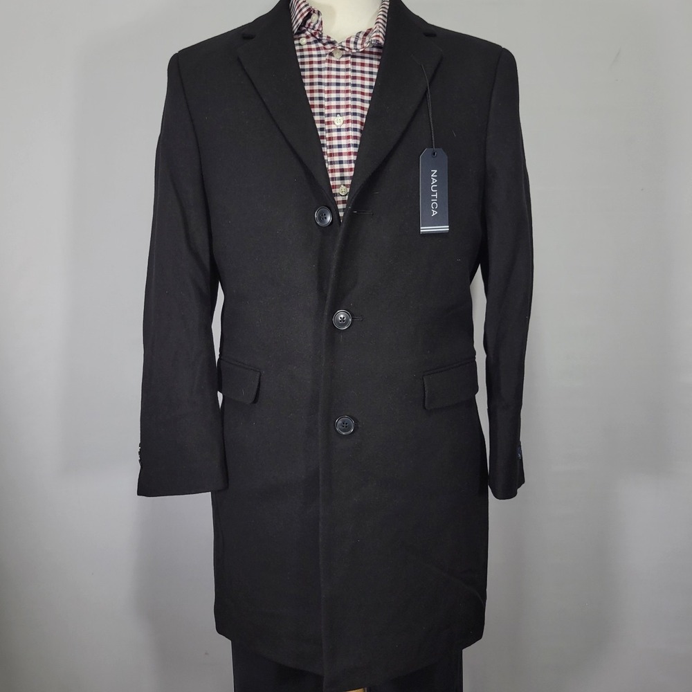 Nautica Men's Overcoat Black Flannel Wool Blend Three Button BATTEN 38S NEW